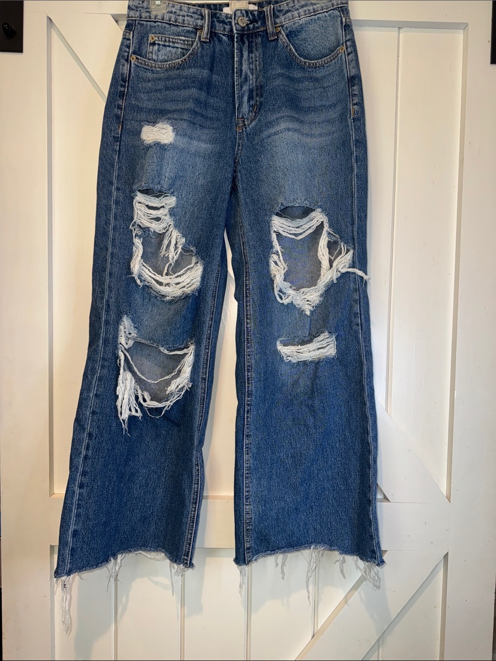 Zenana Outfitters Blue Distressed Flare Jeans with Raw Hem